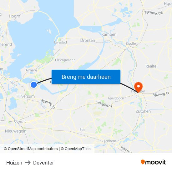 Huizen to Deventer map