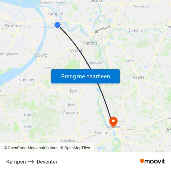 Kampen to Deventer map