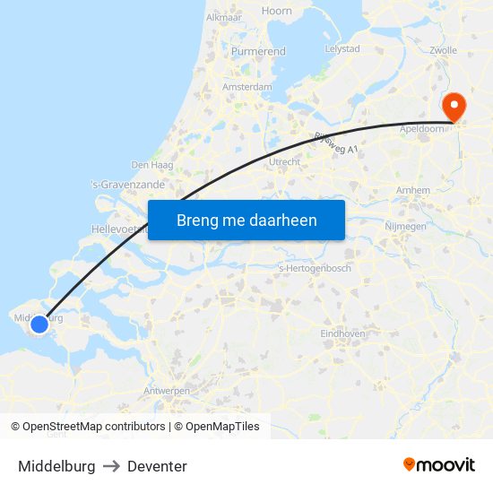 Middelburg to Deventer map