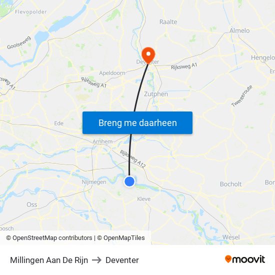Millingen Aan De Rijn to Deventer map