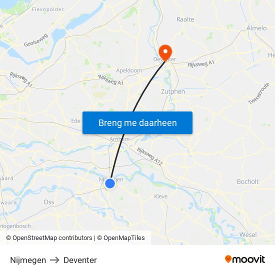 Nijmegen to Deventer map