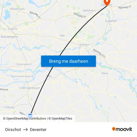 Oirschot to Deventer map
