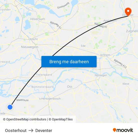 Oosterhout to Deventer map