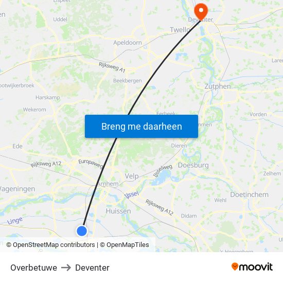 Overbetuwe to Deventer map