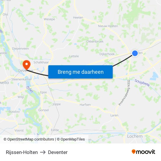 Rijssen-Holten to Deventer map