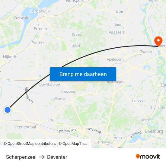Scherpenzeel to Deventer map