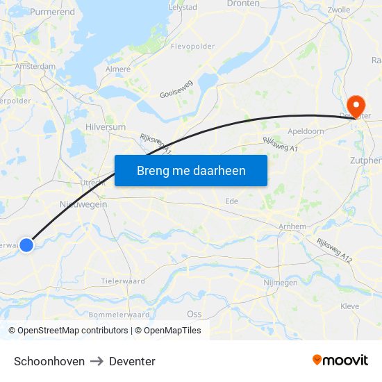 Schoonhoven to Deventer map