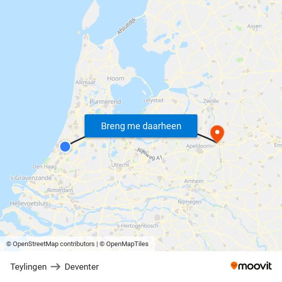 Teylingen to Deventer map