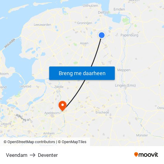 Veendam to Deventer map