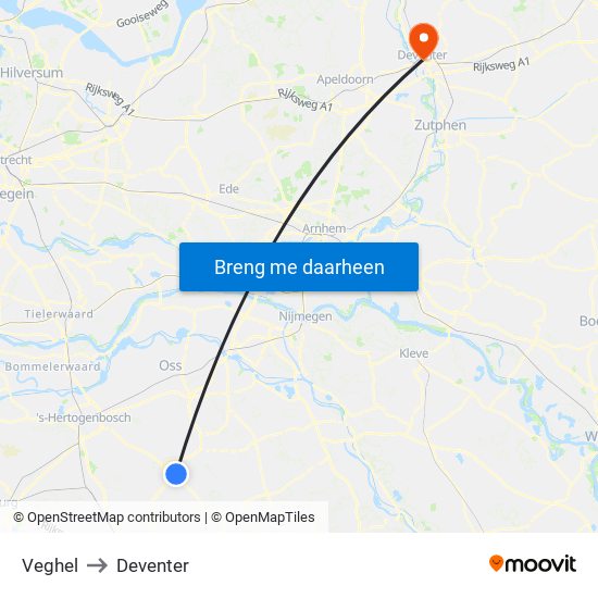 Veghel to Deventer map