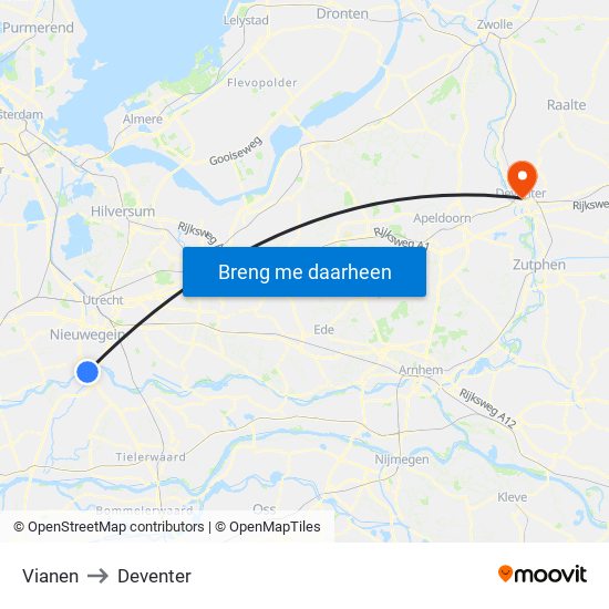 Vianen to Deventer map