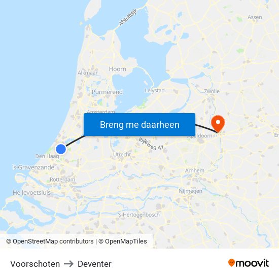 Voorschoten to Deventer map