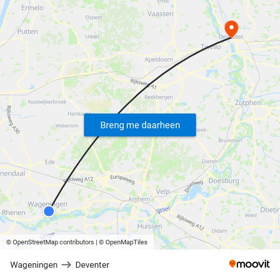 Wageningen to Deventer map