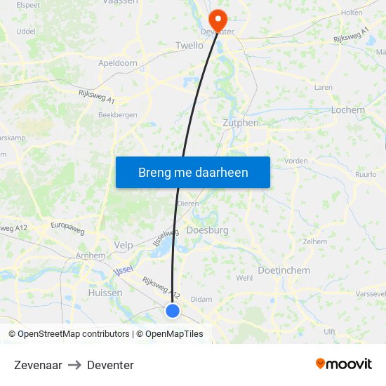 Zevenaar to Deventer map