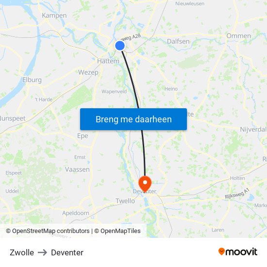 Zwolle to Deventer map
