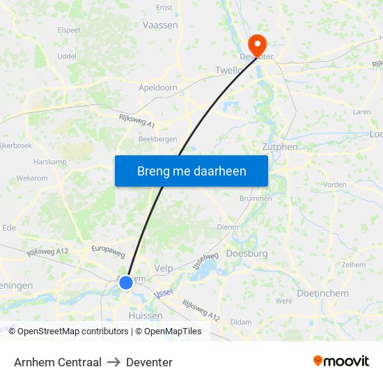 Arnhem Centraal to Deventer map