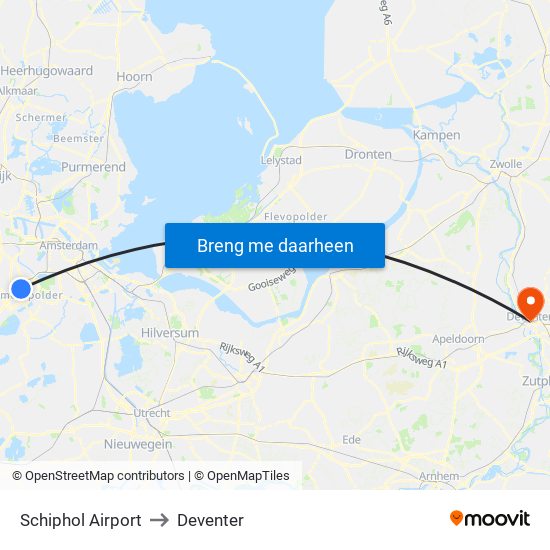 Schiphol Airport to Deventer map