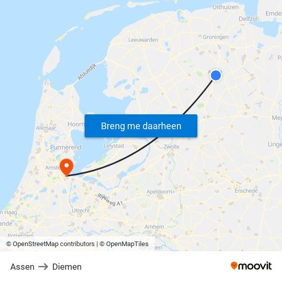 Assen to Diemen map