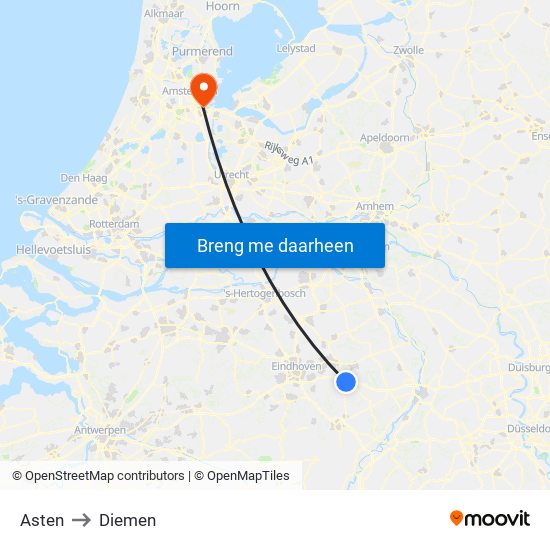 Asten to Diemen map