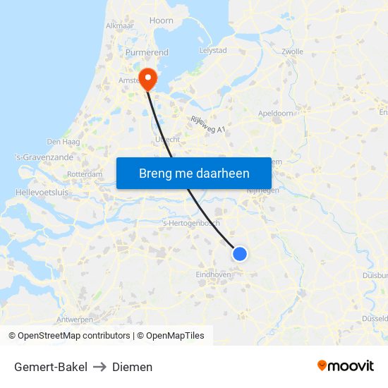 Gemert-Bakel to Diemen map