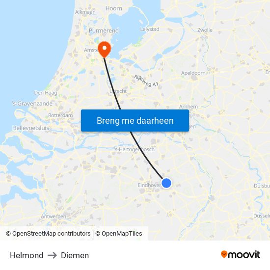 Helmond to Diemen map