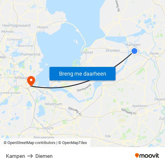 Kampen to Diemen map