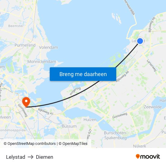 Lelystad to Diemen map