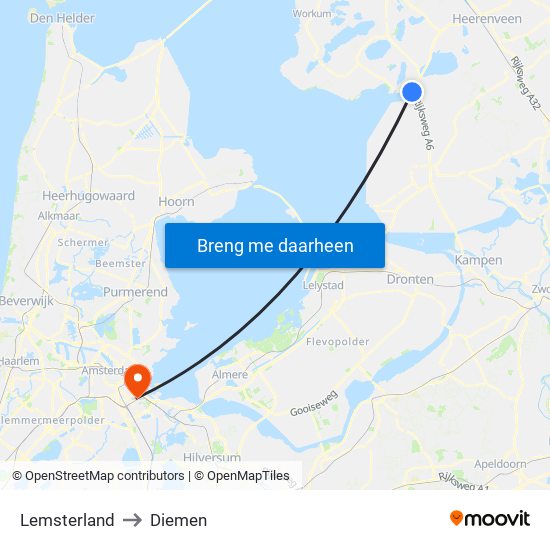 Lemsterland to Diemen map