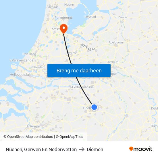 Nuenen, Gerwen En Nederwetten to Diemen map
