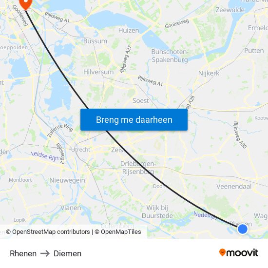 Rhenen to Diemen map
