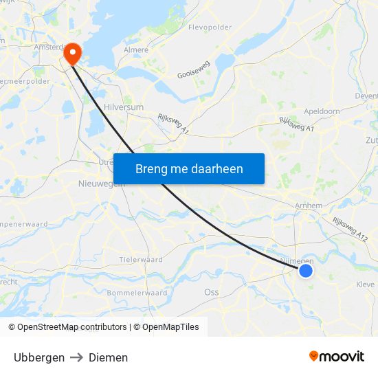 Ubbergen to Diemen map
