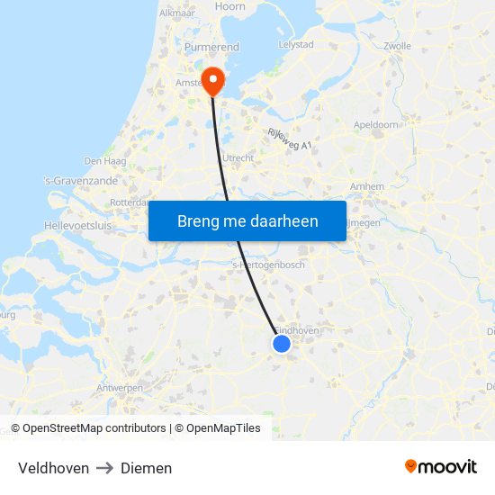 Veldhoven to Diemen map