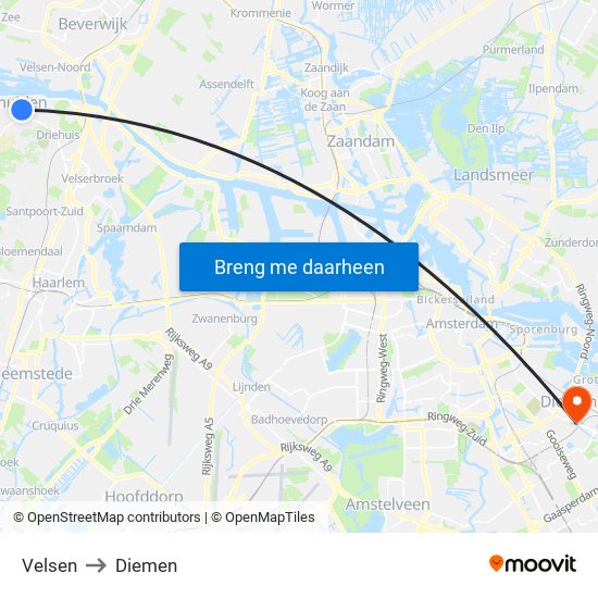 Velsen to Diemen map