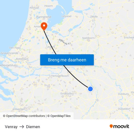 Venray to Diemen map