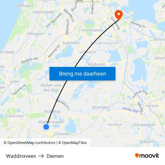 Waddinxveen to Diemen map
