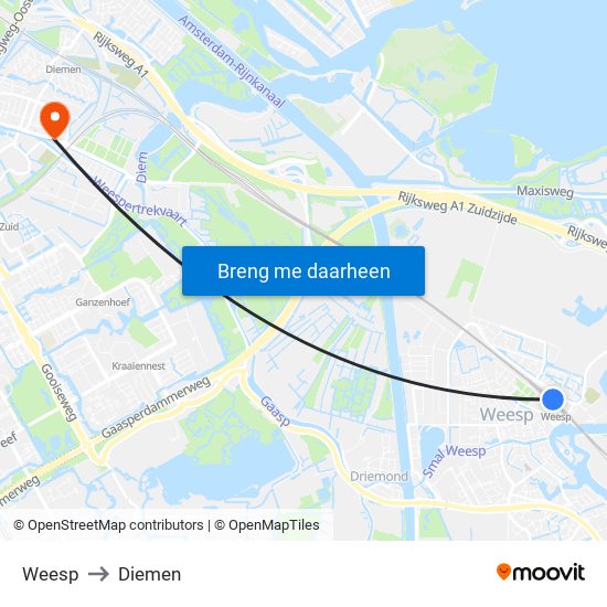 Weesp to Diemen map