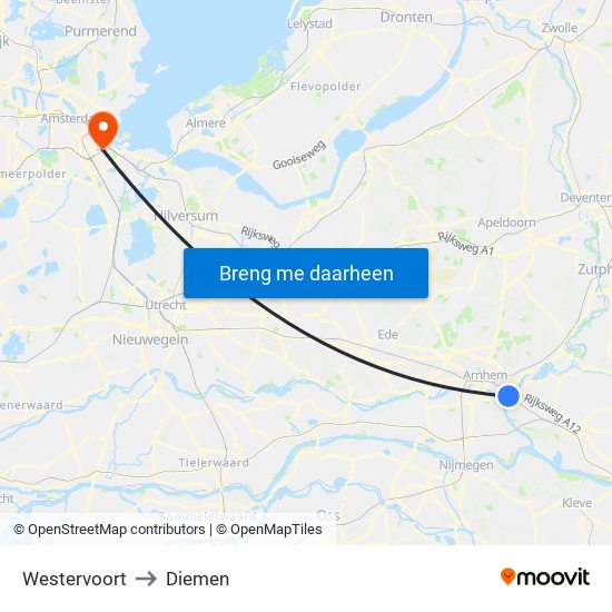 Westervoort to Diemen map