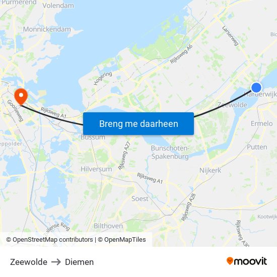 Zeewolde to Diemen map