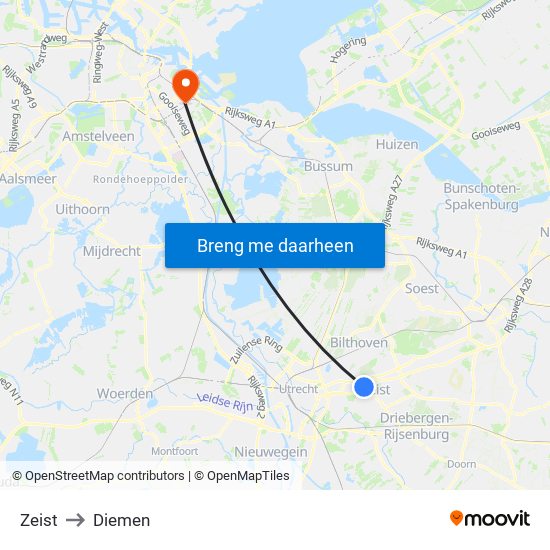 Zeist to Diemen map