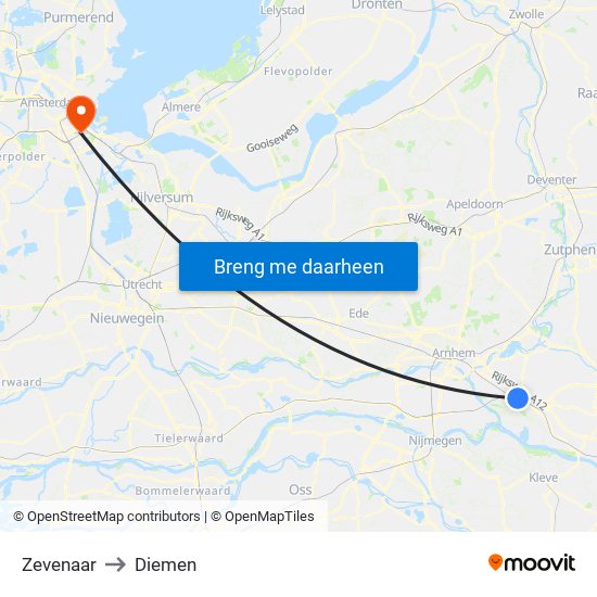 Zevenaar to Diemen map