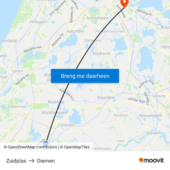 Zuidplas to Diemen map