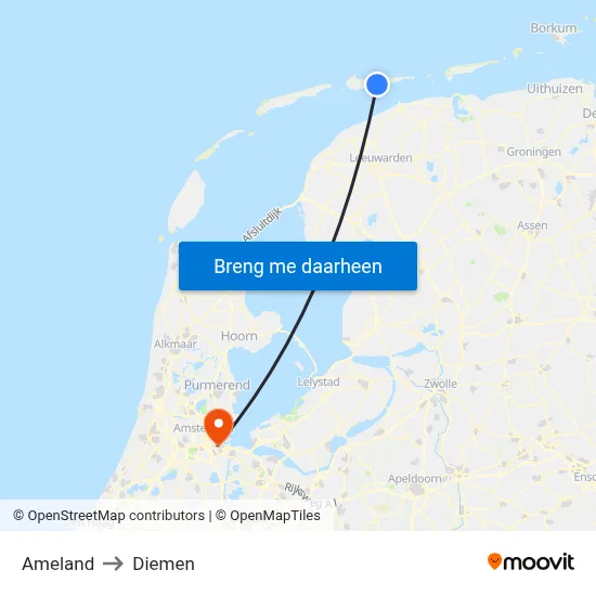 Ameland to Diemen map