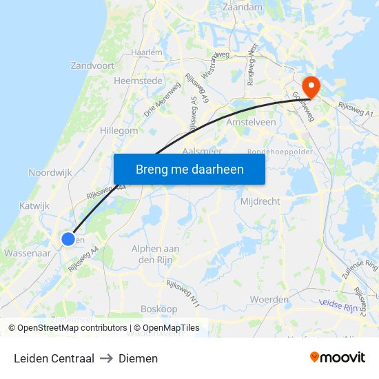 Leiden Centraal to Diemen map