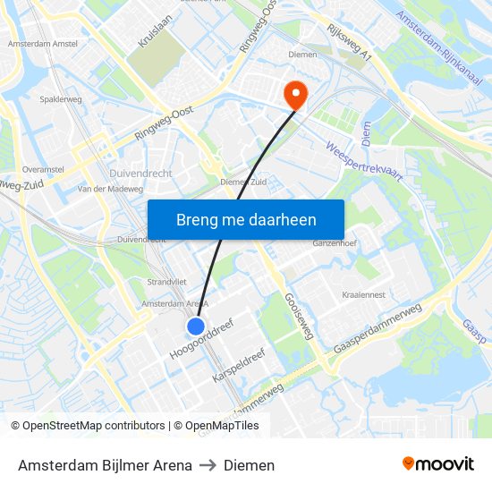 Amsterdam Bijlmer Arena to Diemen map