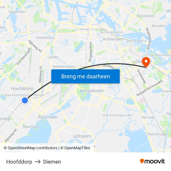 Hoofddorp to Diemen map