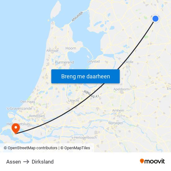 Assen to Dirksland map