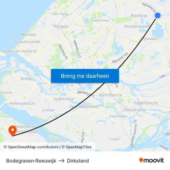 Bodegraven-Reeuwijk to Dirksland map