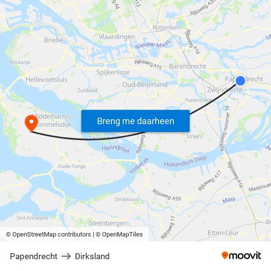 Papendrecht to Dirksland map