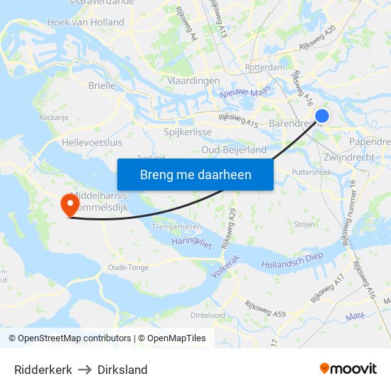 Ridderkerk to Dirksland map
