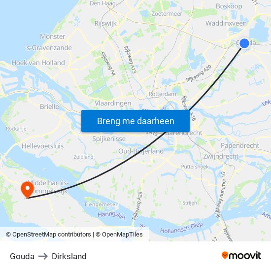 Gouda to Dirksland map